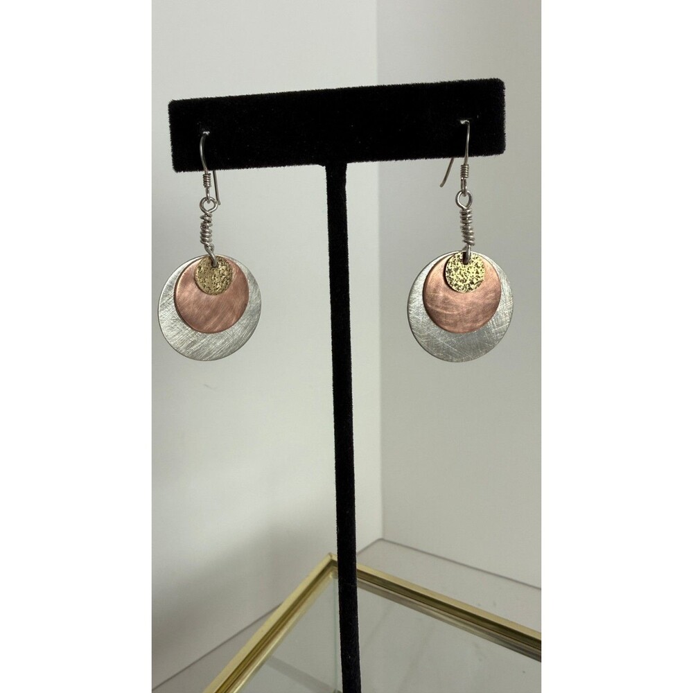 Vintage Mixed Metal Artisan Earrings Sterling Silver Copper Brass Dangle